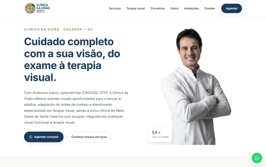Site da Clínica da Visão, de Anderson Inácio, optometrista em Caçador/SC